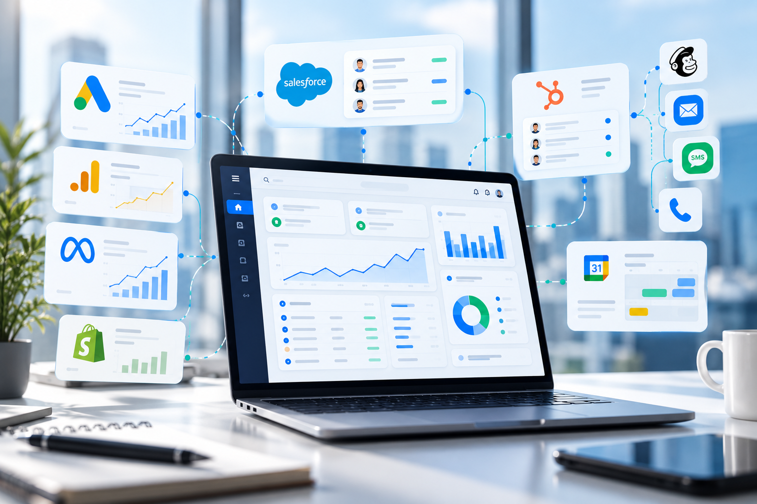 CRM and marketing automation dashboard connected with Google Ads, Meta, Shopify and Salesforce