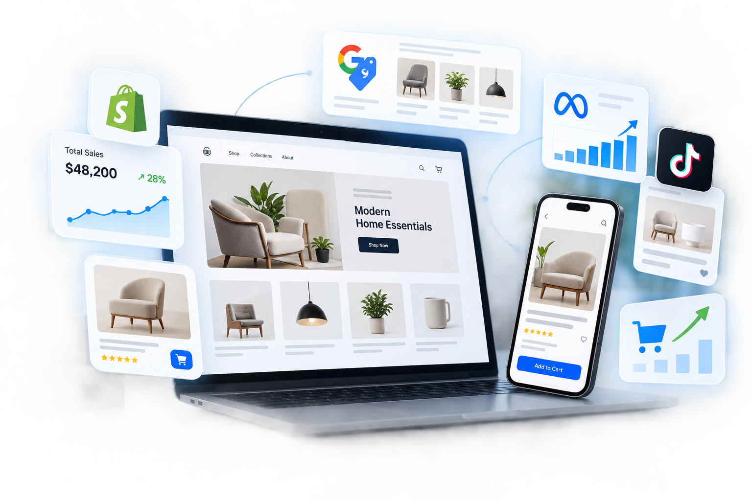 Shopify storefront with sales growth, product ads and mobile checkout