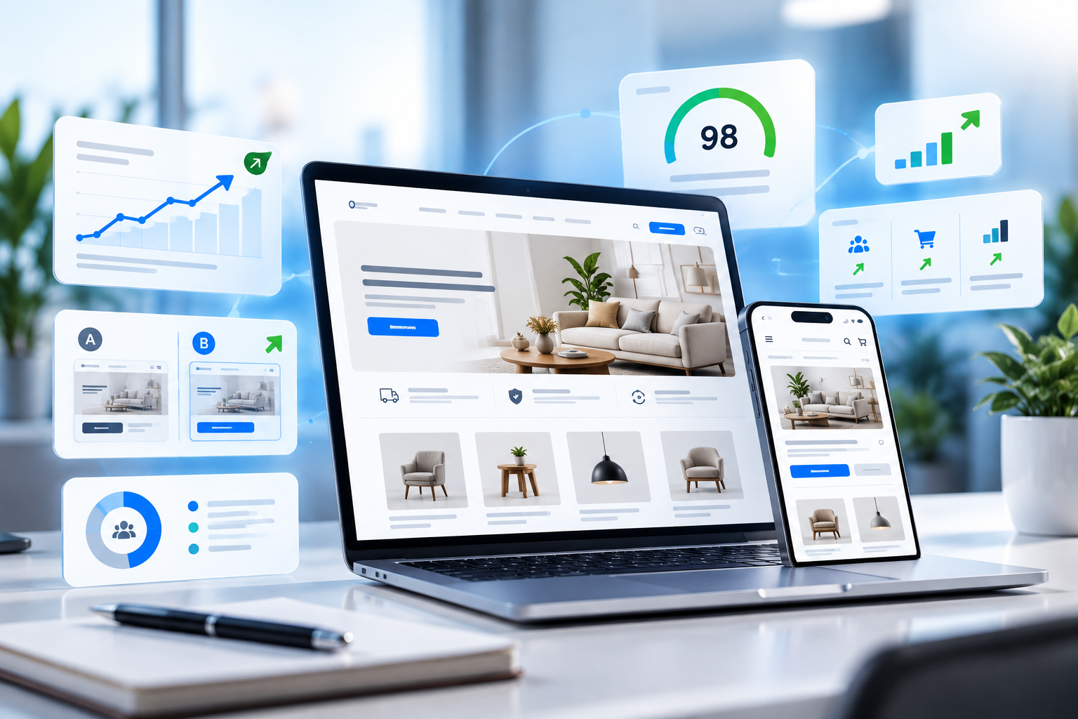 Conversion-optimized website shown on laptop and mobile with A/B testing and performance scores